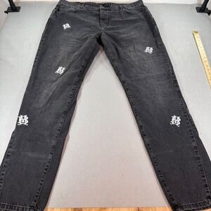 BoohooMAN Mens Embroidered Monogram Straight Leg Jeans Washed Black Size‎ 42